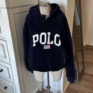 Vintage Polo Sport Ralph Lauren L Sherpa Teddy spell out flag patch hoodie